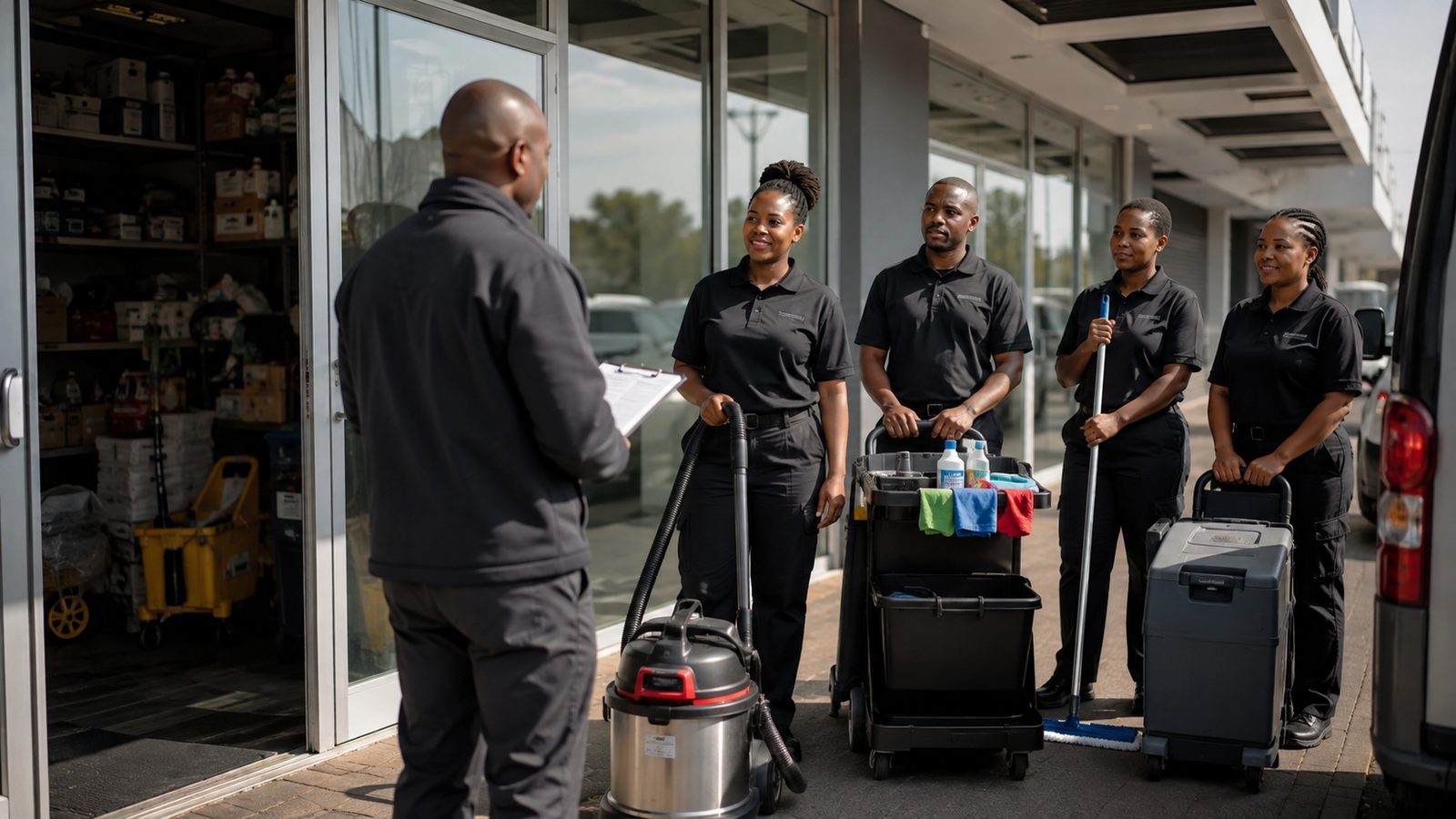 Facilities manager reviewing cleaning costs and scheduling