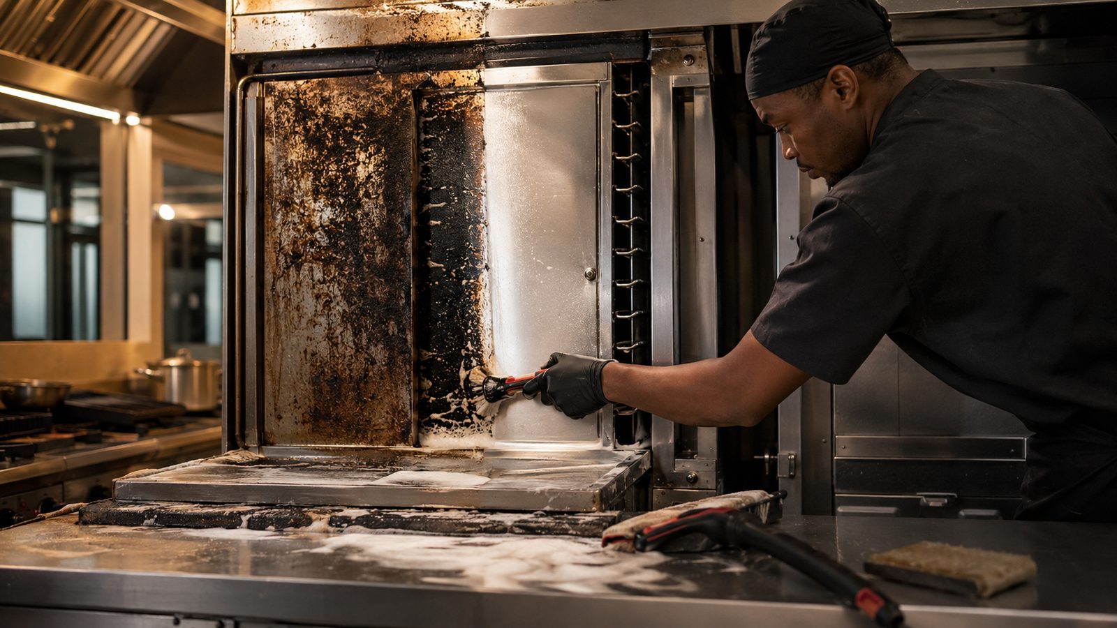 Commercial kitchen oven and cooking equipment being deep cleaned