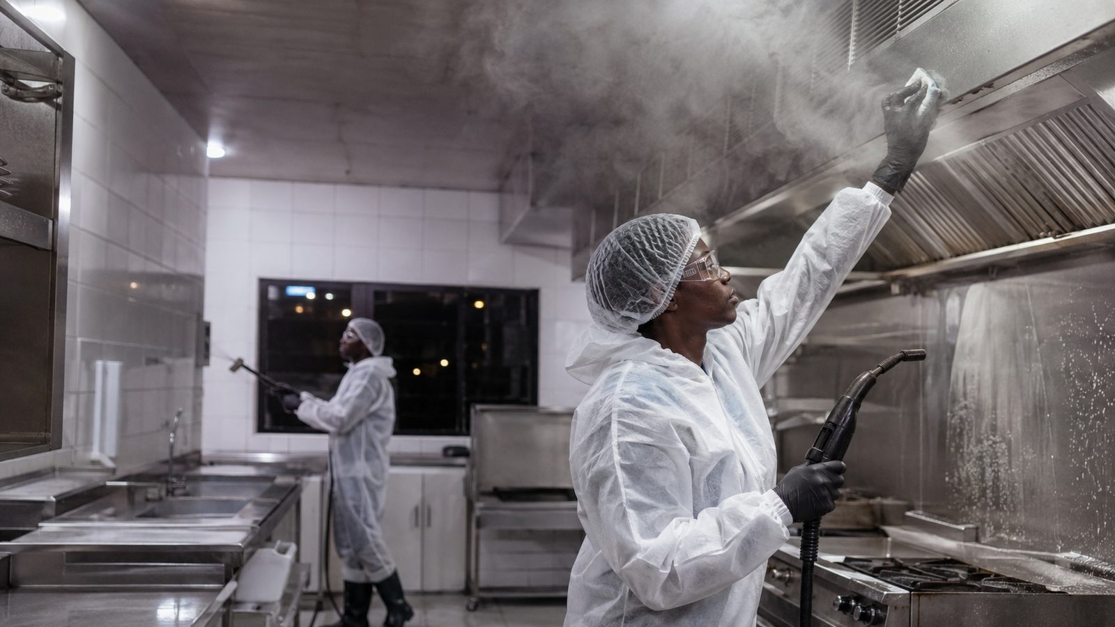 Specialist technicians in protective equipment cleaning a kitchen extraction canopy