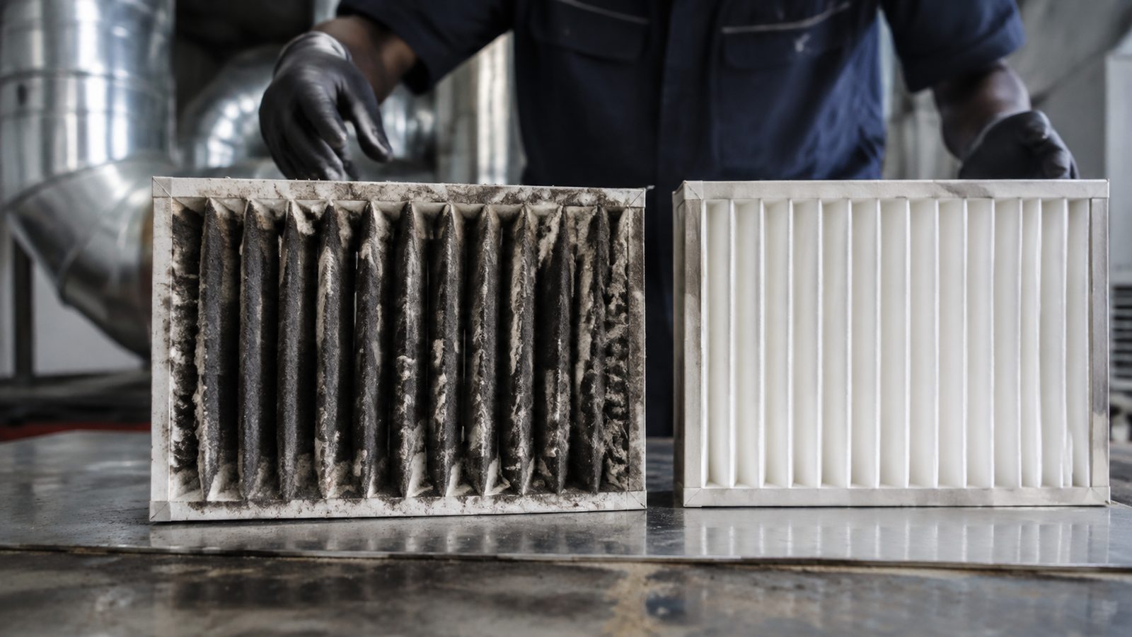 Air filter being inspected and replaced during servicing