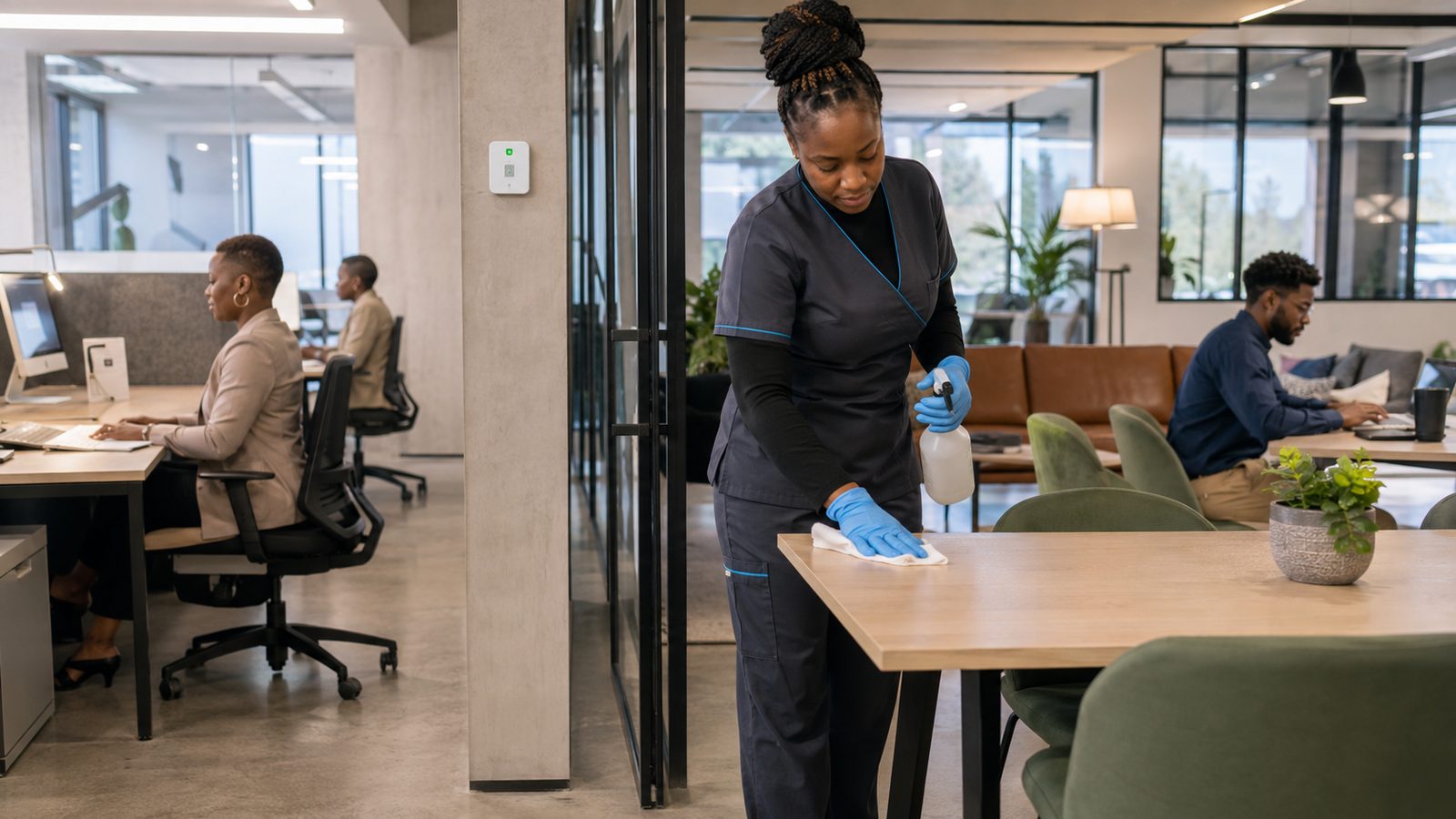 Office touch points being disinfected as part of a tiered hygiene routine