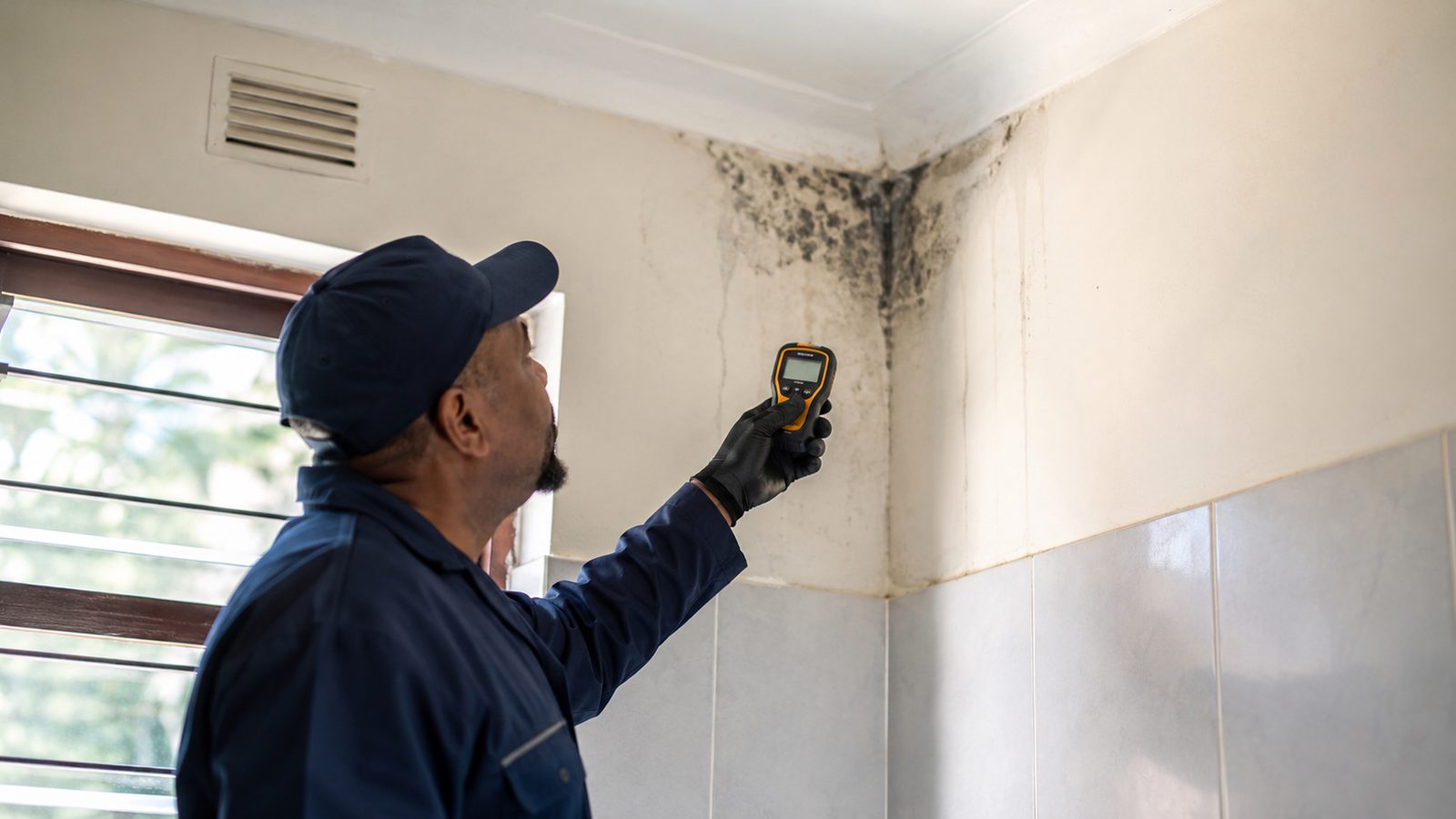 Mould established in bathroom grout in a humid coastal property