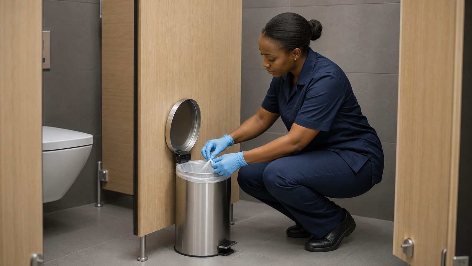 Washroom bin being serviced in a commercial cubicle