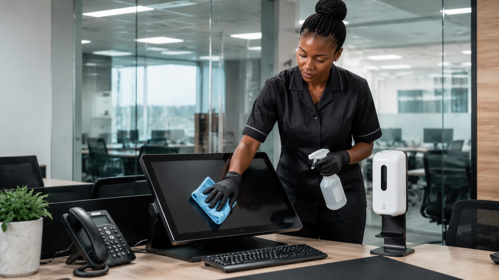 Shared office equipment and surfaces being cleaned