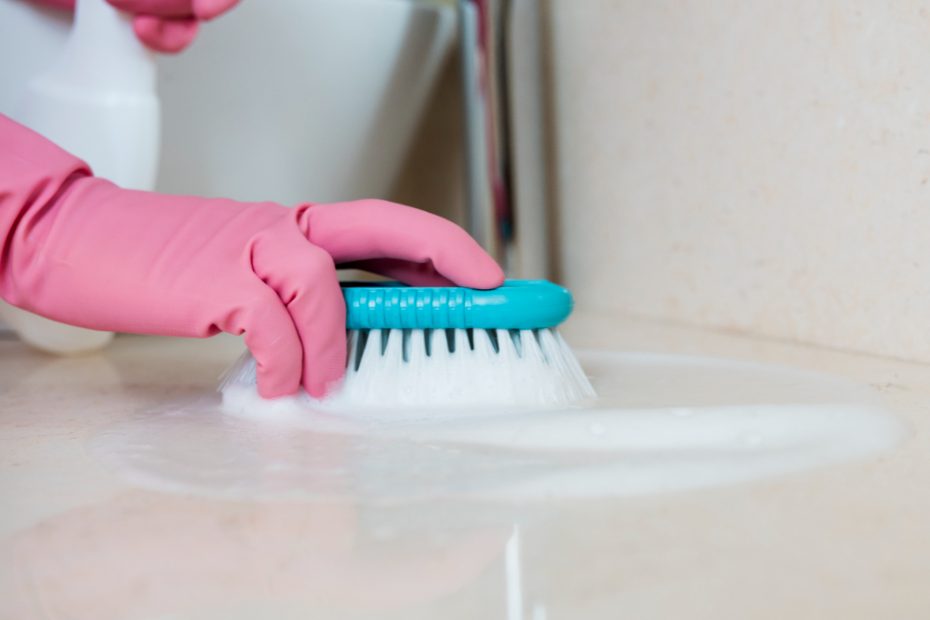 Bathroom Cleaning Tools: "Essential bathroom cleaning tools, including a scrub brush, toilet brush, microfiber cloths, and rubber gloves, neatly arranged on a countertop.